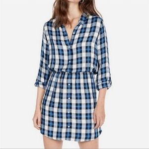 Express Casual Mini Shirtdress Collared Long Sleeve Blue Plaid Dress Medium